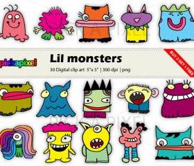 Lil Monsters - digital clip art - COMBO PACK: in colors and black outline - Personal and Commercial Use